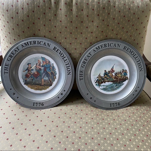 AMERICAN REVOLUTION PEWTER PLATE SET OF TWO W/PORCELAIN CENTER - DAR - Picture 2 of 12